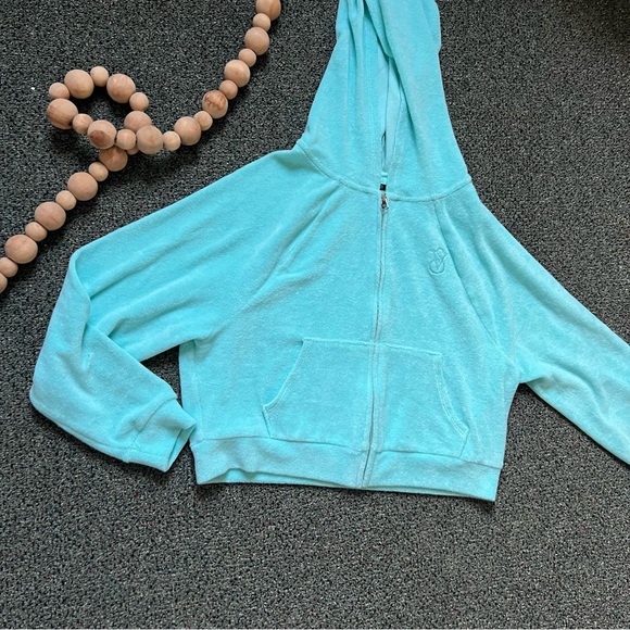 Victoria’s Secret Tourquoise Blue Green Cropped Zip-Up Sweater Terry Cloth Sz XS - Picture 9 of 16